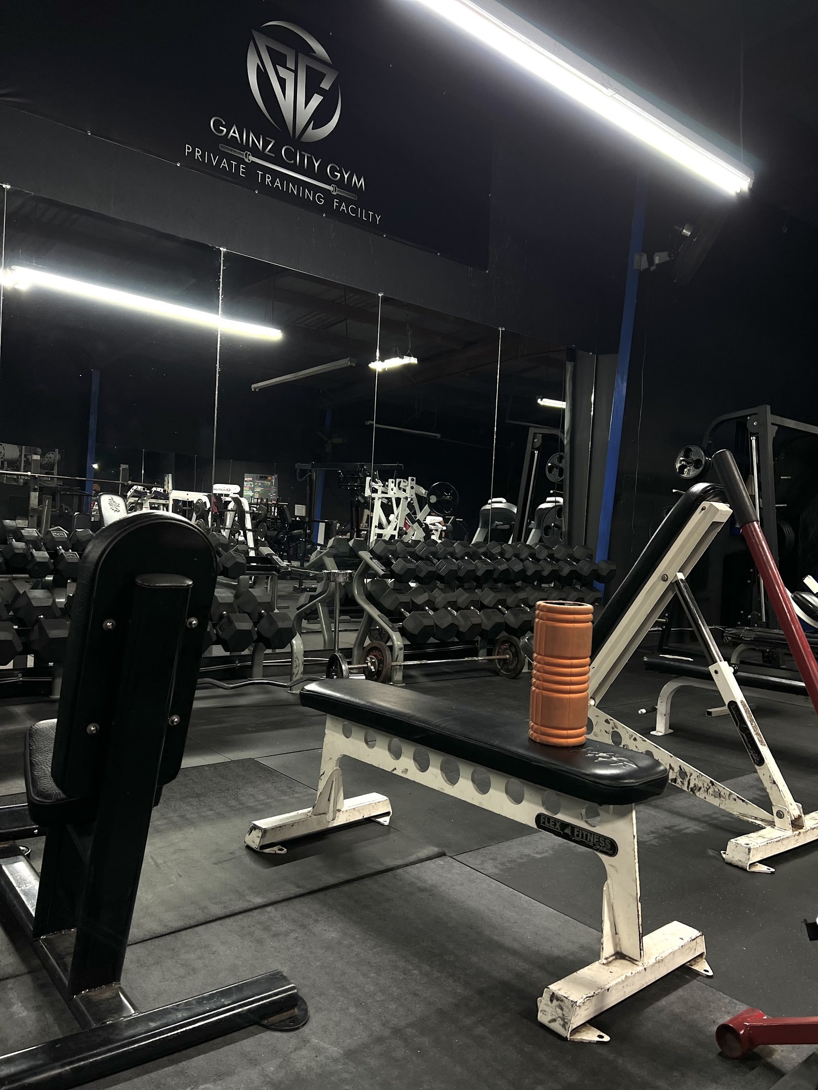 Benches and racks of dumbbells under floodlights on the gym floor